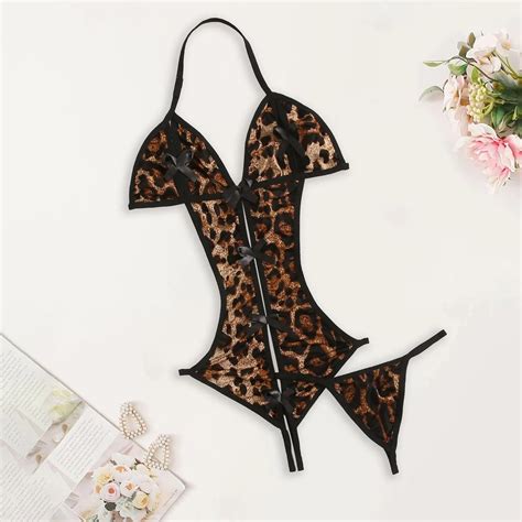 Sexy Lingerie Bodysuit Satin Silk Women S Underwear Bodysuits Leopard