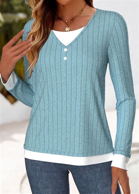 Light Blue Patchwork Long Sleeve Round Neck Blouse Modlily USD