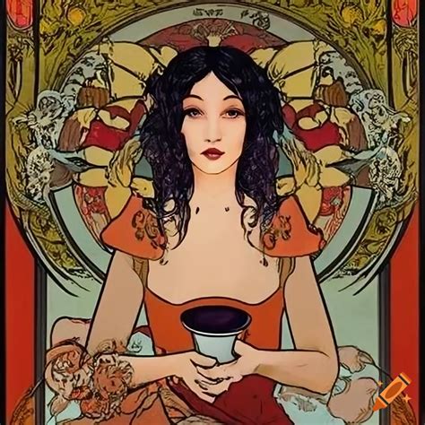 Tarot Card Design Inspired By Alphonse Mucha With A Woman Holding A Cup