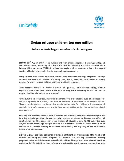 Document Unhcr Unicef Press Release One Millionth Child English