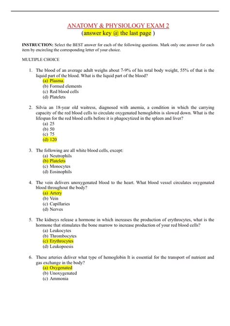 Anatomy And Physiology Exam 2 ACTUAL EXAM QUESTIONS ANSWERS 2022