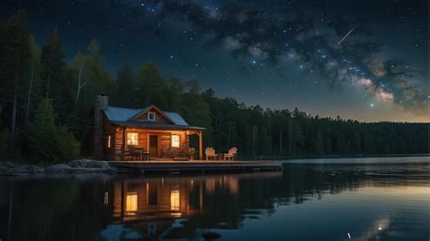 Premium Photo Starry Night Over A Secluded Lake Cabin