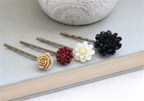 Flower Bobby Pins Ivory Daisy Oxblood Maroon Chrysanthemum Floral Hair