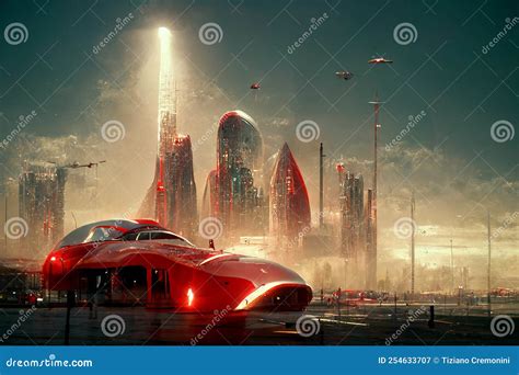 Red Flying Car In The Futuristic City On Alien Planet 3d Rendering And