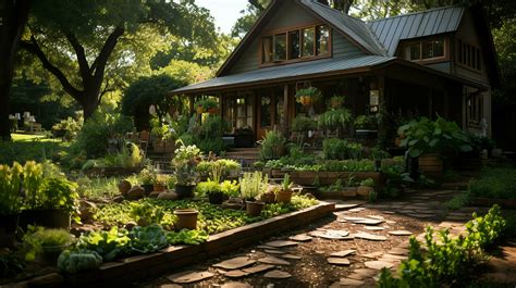 Wooden house in village with plants and flowers in backyard garden. Garden and flower on rural ...