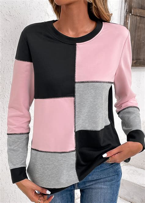 Rotita Patchwork Light Pink Round Neck Long Sleeve Sweatshirt Rotita