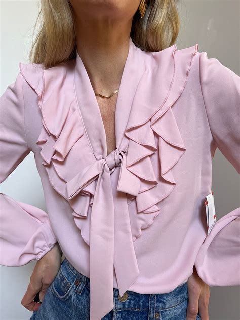 Vintage Romantic Pink Blouse Bow Tie Collar Blouse Ruffle Collar