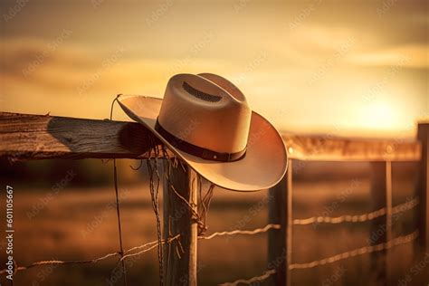 cowboy hat hanging on a wooden fence at sunset background. wild west ...