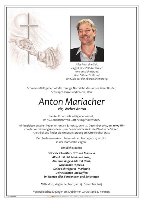 Todesanzeige Anton Mariacher Trauer Link