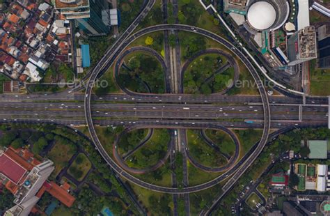 Top Down Overhead Aerial View Of Large Multi Lane Roundabout In Jakarta