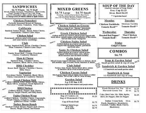 Menu at Gidgets Sandwich Shack restaurant, Wichita Falls