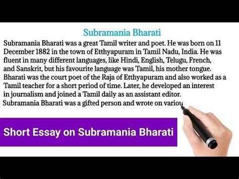 Paragraph Short Essay On Subramania Bharati In English 100 200 Words