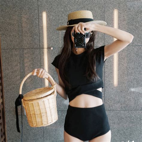Special Women S Korean Version Of The Two Piece Mid High Waist Short Sleeves Bikini Thin Black
