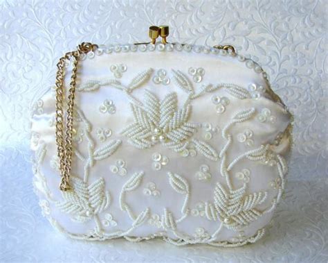 Sweet S Sharonee White Satin Purse Vintage Hand Beaded Sequin