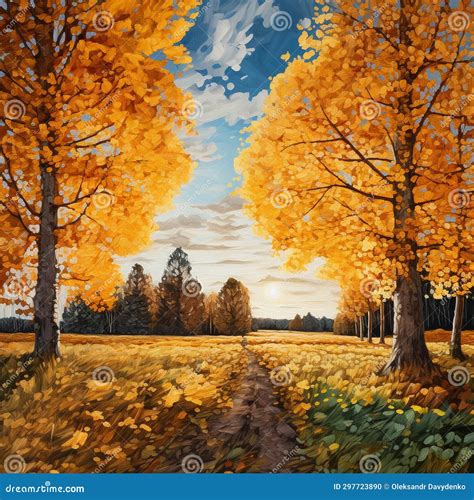 Beautiful Autumn Landscape with Yellow Trees and Road. Digital Oil ...