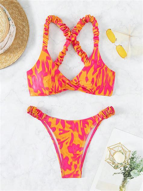 Shein Swim Mod Allover Print Frill Trim Bikini Swimsuit Shein Uk