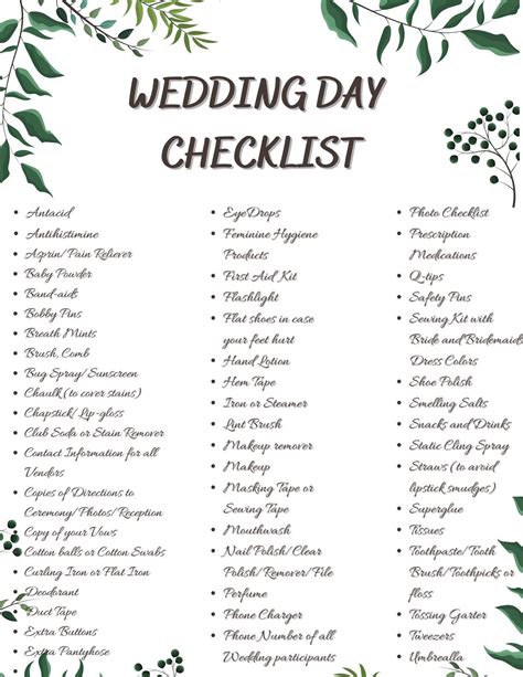 Wedding Day Checklist Printable Download Etsy