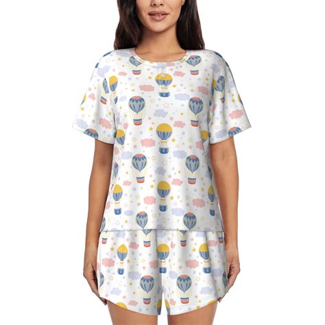 Daiia Hot Air Balloon Pattern Womens Pajama Sets Short Sleeve Pajamas For Women Sets Soft Lounge