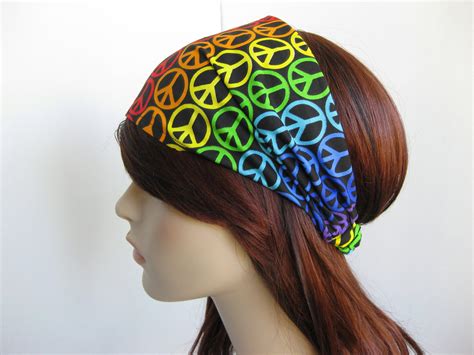 Rainbow Peace Sign Headband Womens Hippie Head Wrap Colorful Cotton Print Psychedelic Elastic