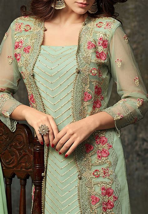 Embroidered Georgette Pakistani Suit In Pastel Green KCH1128