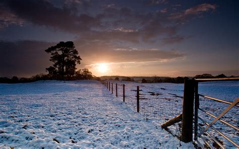 fields, Winter, Snow, Sunset, Sunrise, Sky, Clouds, Fence, Trees ...