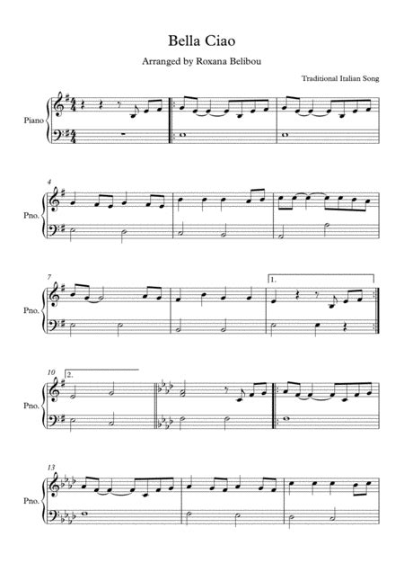 Bella Ciao Easy Piano Arr Roxana Belibou By Traditional Sheet Music