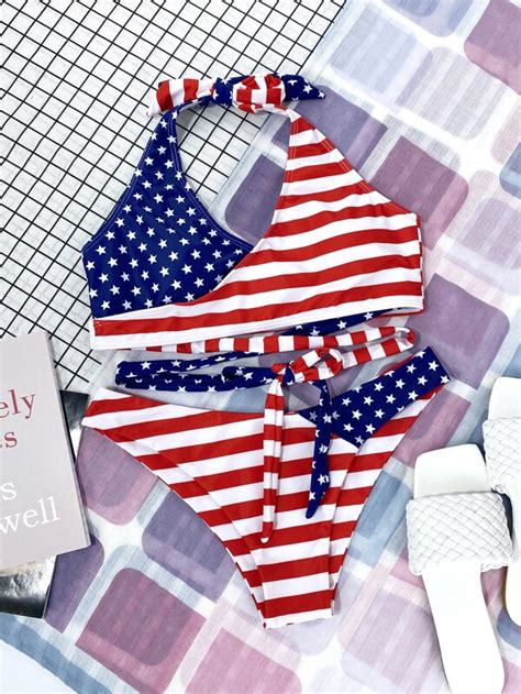 American Flag Print Halter Bikini Swimsuit Shein Usa