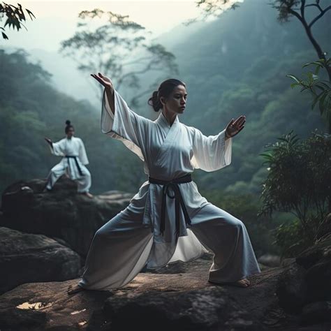 Premium AI Image | Two women showcase martial arts poses in natural ...