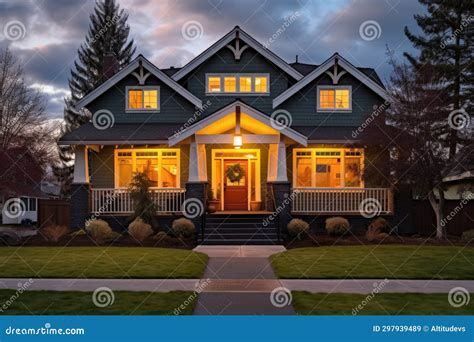 Craftsman Home with a Central Gable and Modern Exterior Lights Stock Image - Image of house ...