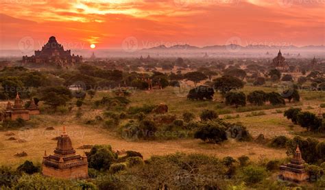 The Ancient Buddhist Temples In Bagan At Sunrise Myanmar Burma