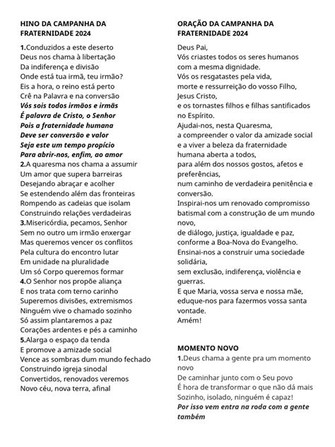 Hinos Da Campanha Da Fraternidade 2024 - Hino da Campanha da Fraternidade 2024 | PDF | Amor | Conversão religiosa