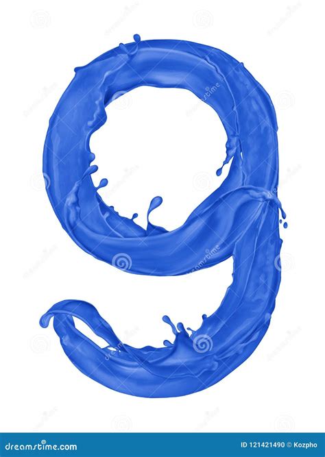 Number 9 Made From Splashes Of Blue Paint On White Background Stock