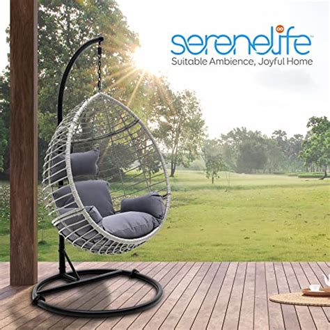 SereneLife Hanging Egg Indoor Outdoor Patio Wicker Rattan Lounge Chair