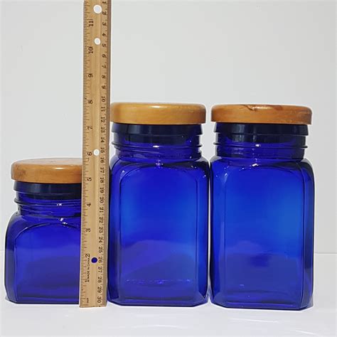 Set Of Cobalt Blue Glass Canister Jars With Wood Lids Vintage