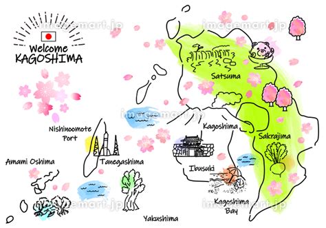 春の鹿児島県の観光地のシンプル線画イラストマップ 207022699 イメージマート