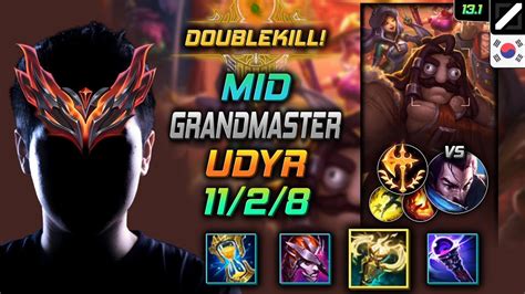 천상계 미드 우디르 템트리 룬 광휘의 미덕 정복자 GrandMaster Udyr Mid vs Yasuo 롤 KR 13 1