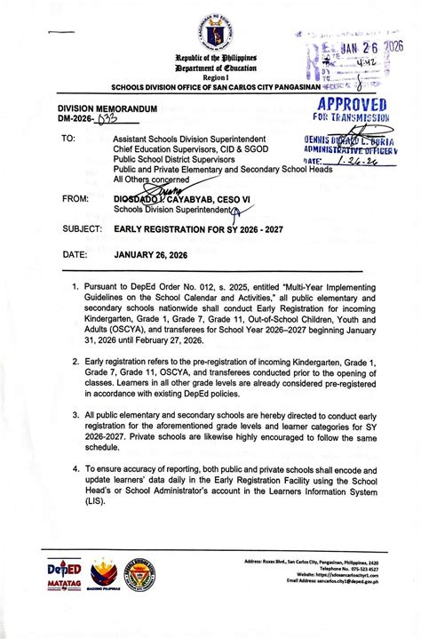 division memorandum     early registration  sy