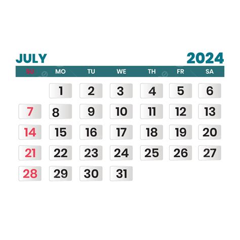 Calendario Mensual De Julio De 2024 Con Fondo Transparente Vector Png