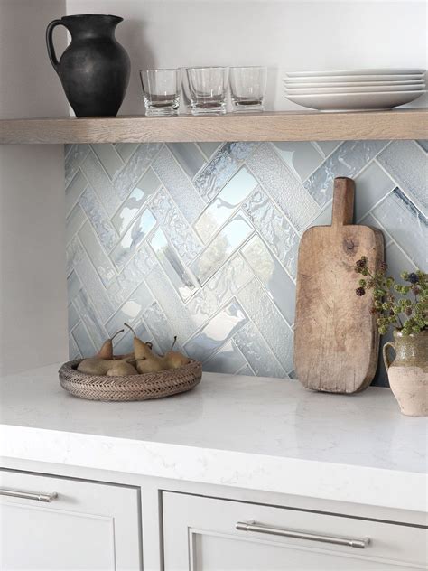 Blue Glass Large Herringbone Mosaic Backsplash Tile Home Decor