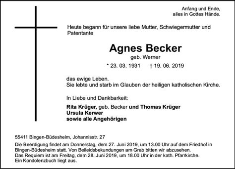 Traueranzeigen Von Agnes Becker Vrm Trauer De