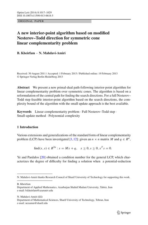 PDF A New Interior Point Algorithm Based On Modified NesterovTodd