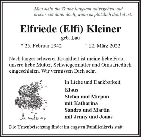 Traueranzeigen Von Elfriede Elfi Kleiner HamburgerTRAUER De