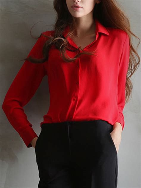 Red Long Sleeve Shirt Collar Loose Blouse Chiffon Blouse Long Sleeve Long Sleeve