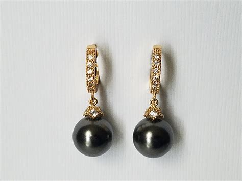 Black Pearl Gold Earrings Swarovski 10mm Pearl Gold Earrings Pearl