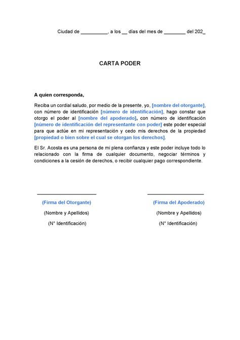 Carta Poder de Cesión de Derechos Ejemplo y Formato Gratis