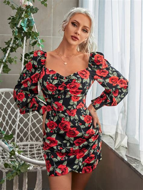 All Over Floral Print Sweetheart Neck Puff Sleeve Fitted Dress Shein Eur