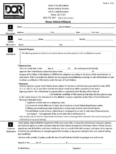 2022 2025 Form SD Motor Vehicle Affidavit Fill Online Printable