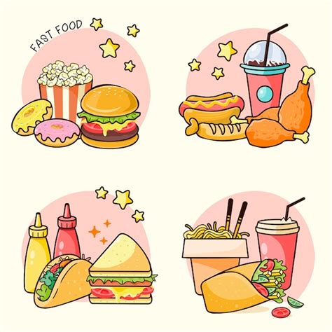 Free Vector Set Of Various Fast Food And Drink In Cartoon Style