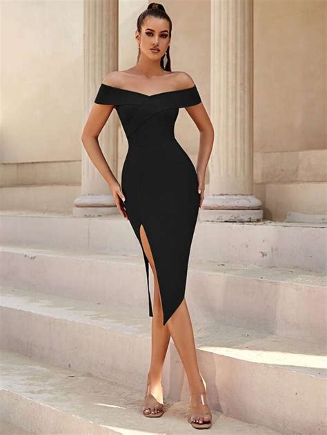 Adyce Off Shoulder Split Thigh Zip Back Cocktail Party Bodycon Bandage