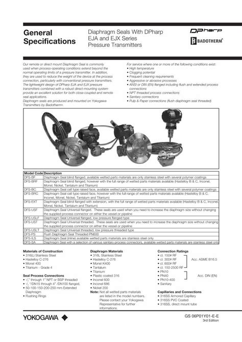 PDF General Diaphragm Seals With DPharp Specifications EJA